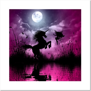 Wonderful unicorn with cute fairy in the night Posters and Art